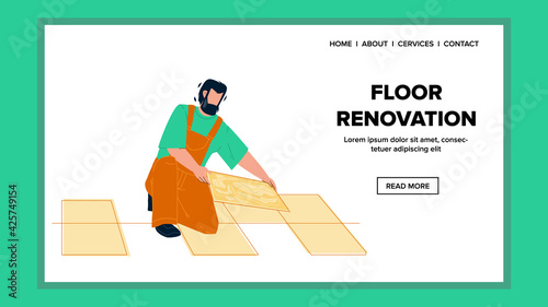 Floor Renovation Make Young Man Builder Vector. Floor Renovation Working Tiler Repairman, Contractor Tiling And Renovate House Interior. Character Installing Tiles Web Flat Cartoon Illustration