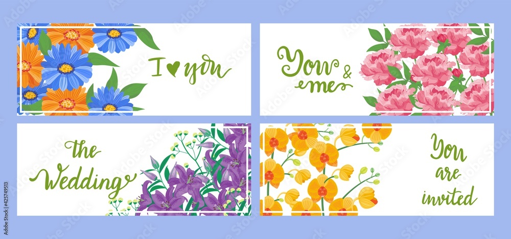 Wedding invitation with flower set, vector illustration. Graphic floral pattern at card design, spring frame at wedding party celebration poster.
