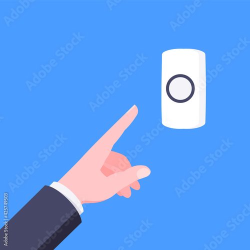 Male hand pushes doorbell button flat style design vector illustration isolated on blue background. Finger touches door bell switch button to ring.