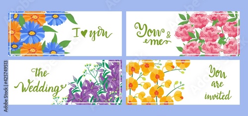 Wedding invitation with flower set, vector illustration. Graphic floral patte...