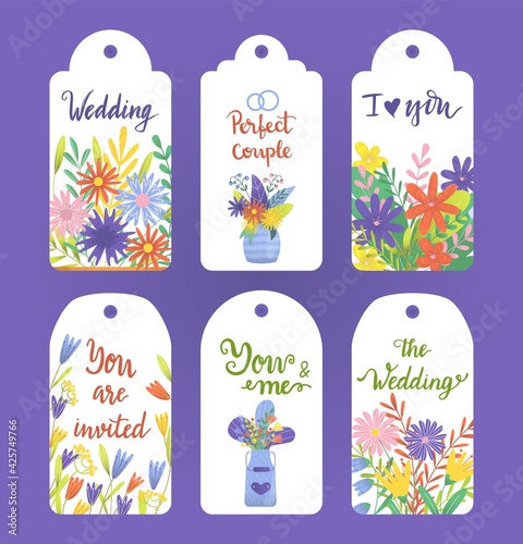 Wedding floral tag set, vector illustration. Template vintage greeting design...