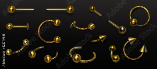 Set of gold piercing jewelry, metal pierce rings, barbell with balls and cones for face and body decoration. Beauty accessories, earrings isolated on transparent background, Realistic 3d vector icons