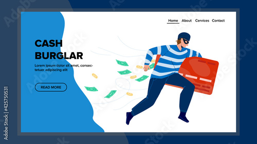 Cash Burglar Running With Bank Credit Card Vector. Thief Cash Burglar Run With Steal Finance, Bandit Boy Theft Stealing Money And Coins. Character Gangster Finance Crime Web Flat Cartoon Illustration