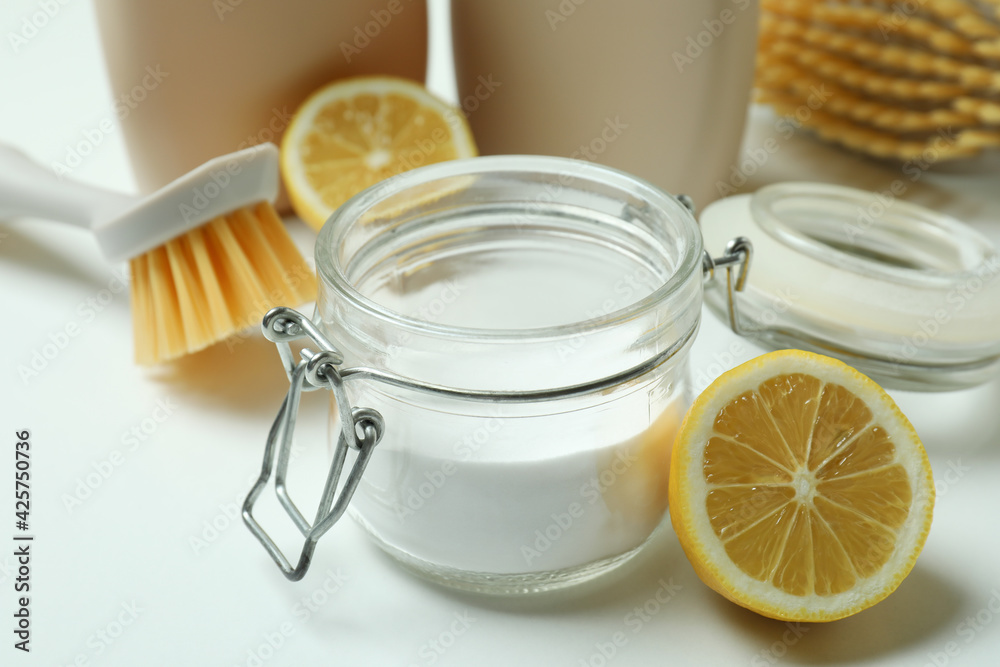 Cleaning concept with eco friendly cleaning tools on white background Cleaning concept with eco friendly cleaning tools on white background