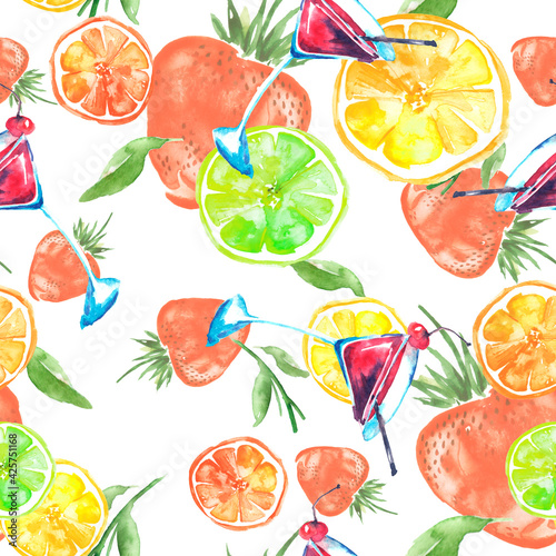 Fototapeta Naklejka Na Ścianę i Meble -  seamless pattern with watercolors - from tropical fruit, citrus spray, lemon, orange, lime, grapefruit paint splash. berry, strawberry. wine glass with vermouth. Strawberry citrus cocktail. party 