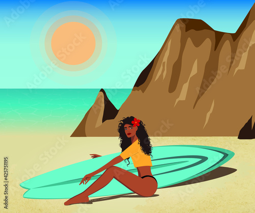 Digital illustration of a beautiful surfer girl with a surfboard sitting on the beach waiting for the waves to swim posing for a photo against the backdrop of mountains and ocean