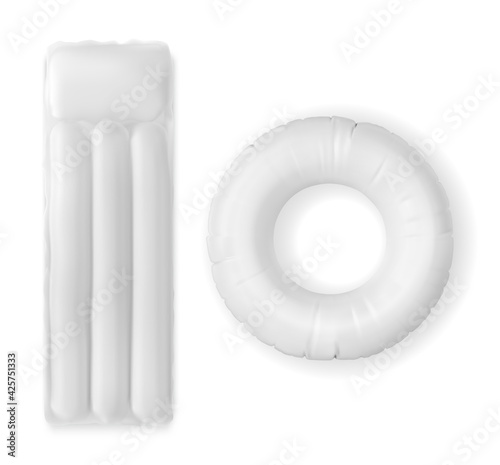 Inflatable water mattress and ring for pool top view, rubber accessories mockup, blank bed for swimming and summertime beach activity isolated on white background, Realistic 3d vector illustration