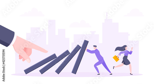Business resilience or domino effect metaphor vector illustration. Giant hand starts chain reaction of falling domino line and businessman trying to stop it. Problem solving stopping chain reaction.