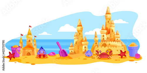 Sand castle vector summer beach landscape, towers, bucket, shovel, sky, ocean, clouds on background. Kids seashore sculpture, palace, starfish, crabs, shells. Sand castle vacation time cartoon concept