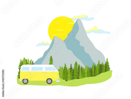 Yellow retro camper van with forest and mountains in the background. Living van life, camping in the nature, travelling. Light colors Illustration. 