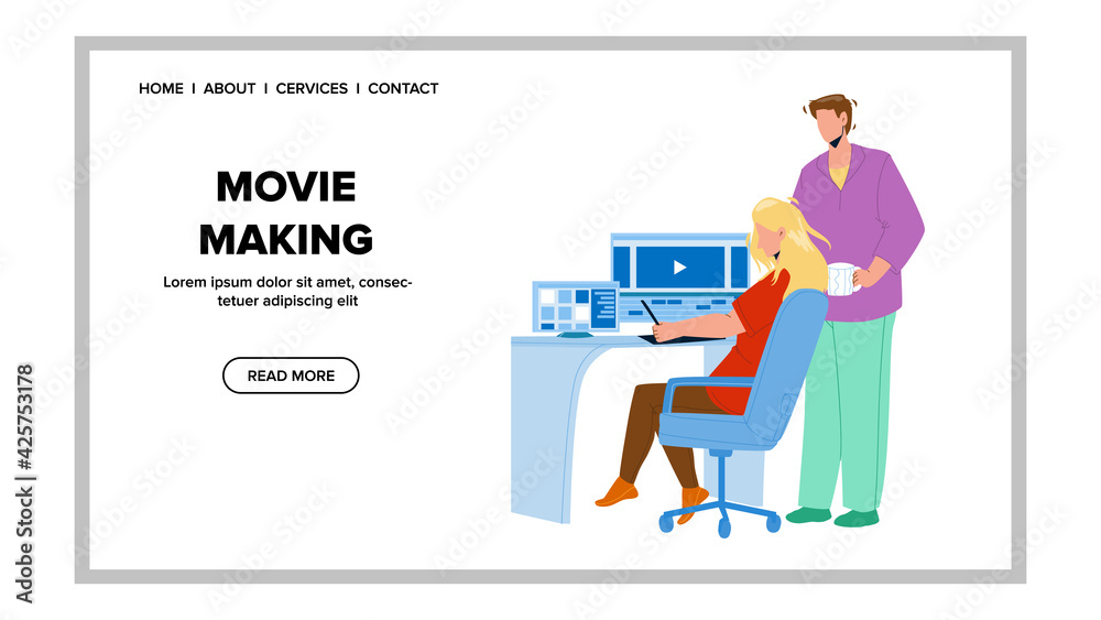 Movie Making Editor Team Couple On Computer Vector. Young Man And Woman Project Movie Making Together. Characters Videographers Teamwork And Multimedia Occupation Web Flat Cartoon Illustration