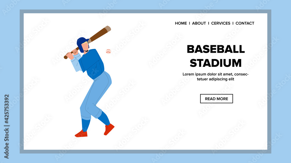 Baseball Stadium For Playing Sportive Game Vector. On Baseball Stadium Playing Professional Player With Wooden Bat And Ball. Character Hitting Action On Field Web Flat Cartoon Illustration
