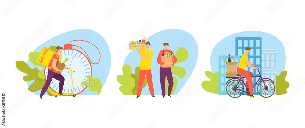 Food delivery service, man courier with order set, vector illustration. Deliver box package by fast scooter transport. Man woman charcater Food delivery service, man courier with order set, vector illustration. Deliver box package by fast scooter transport. Man woman charcater