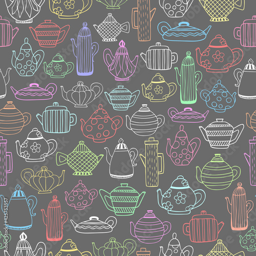 Teapot pattern. Tea time backdrop. Hand drawn sketch chalk style teapots background. Ink art kettle print.  Teapot silhouette.Hand draw teapot fabric, textile templete. Chalk style drawn teapot vector