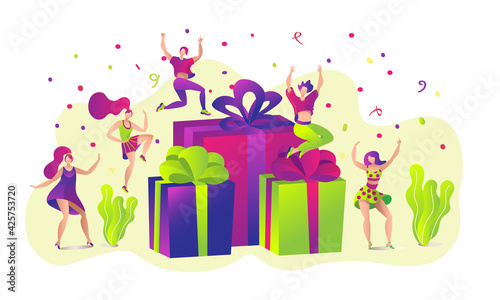 Gift box, flat present for happy man woman character concept, vector illustra...