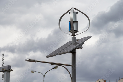 pole with solar panel. Solar battery. Renewable energy in the city