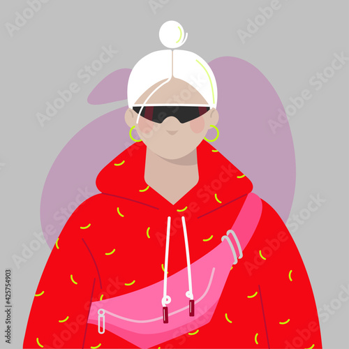 Street style wear, a fashionable teenage female character wearing a hoodie and a fanny pack. 