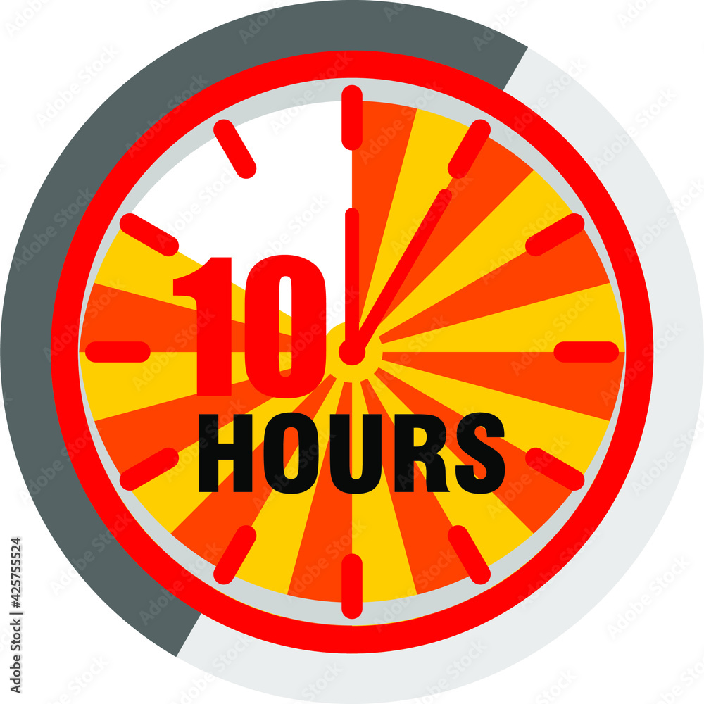 Color hour icon. Timer 10 hours. Illustration timer hour, clock watch time deadline. Work time effect or delivery service time Color hour icon. Timer 10 hours. Illustration timer hour, clock watch time deadline. Work time effect or delivery service time