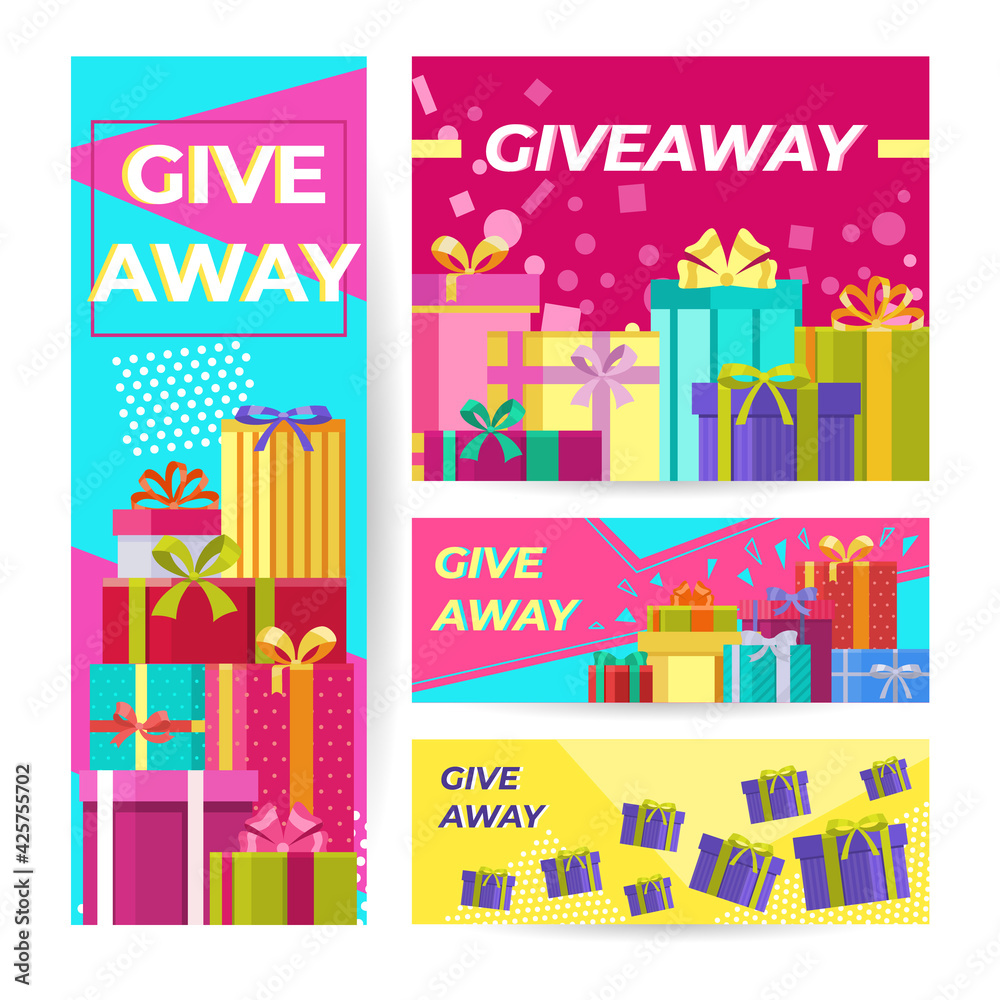 Gift, reward giveaway banner set, vector illustration. Win modern quiz flyer concept, give away celebration and competition post for social media
