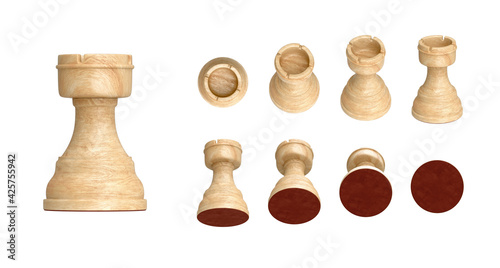 Set of white wooden rook chess pieces in 9 angled views isolated on white background. 3d render illustration. 