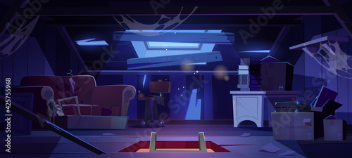 Old attic in abandoned house at night. Empty garret room interior with broken roof, walls and beams, clutter and spiderweb. Messy mansard with hatch in floor and moonlight, cartoon vector illustration