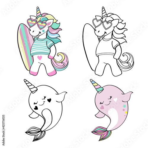 Cute summer unicorn with surfboard and whale unicorn isolated. Vector illustration coloring book for children