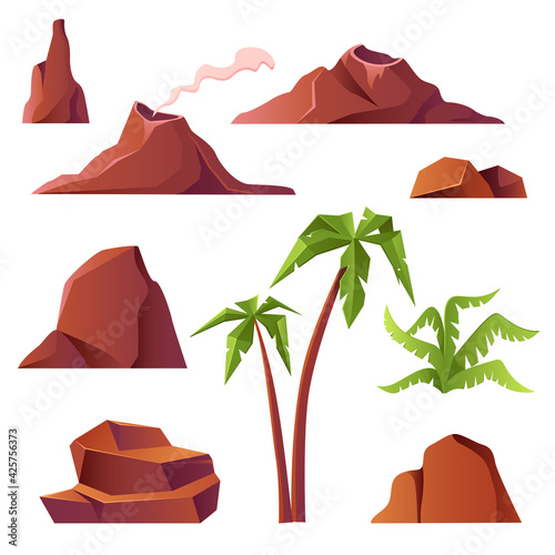 Volcano with smoke, mountains and palm trees isolated on white background. Vector cartoon set of prehistoric landscape, volcanic eruption, rocks with smoking crater, tropical plants and stones