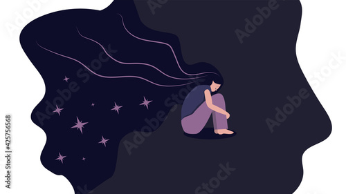 Vector graphics. Unhappy, sad, sad young girl hugs her knees with developing hair. The concept of depression, insomnia, fatigue, sadness, loneliness, emotion. Cartoon female character.