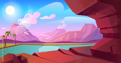 Prehistoric landscape with volcano, mountains, lake and palm trees. Summer scene with rocks, tropical plants and river. Vector cartoon illustration of volcanic eruption in jurassic time