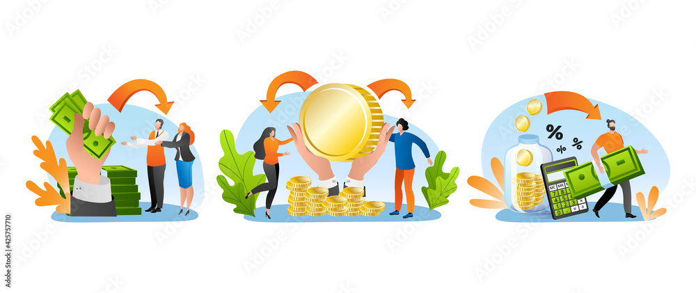 Money credit with cash, vector illustration. People character make banking payment, finance business at bank set. Man woman person get financial help