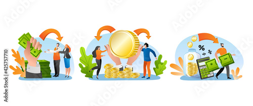 Money credit with cash  vector illustration. People character make banking payment  finance business at bank set. Man woman person get financial help