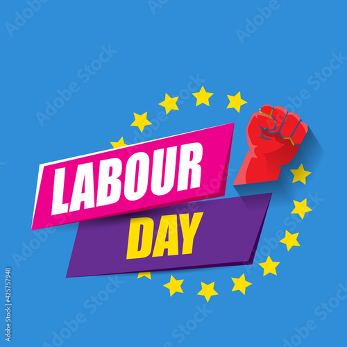 1 may Happy labour day vector label with strong protest fist in the air on blue background. vector happy labor day background or banner with man hand. workers may day poster