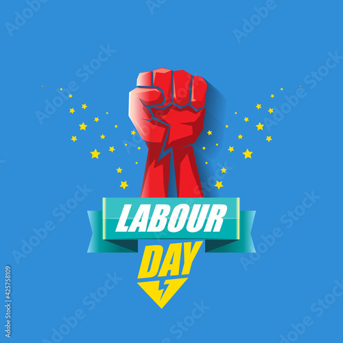 1 may Happy labour day vector label with strong protest fist in the air on blue background. vector happy labor day background or banner with man hand. workers may day poster