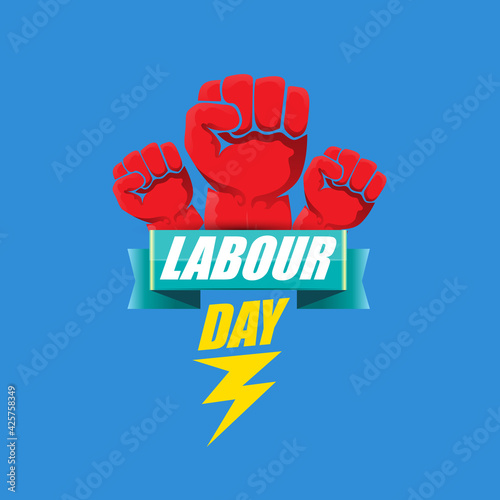 1 may Happy labour day vector label with strong protest fist in the air on blue background. vector happy labor day background or banner with man hand. workers may day poster