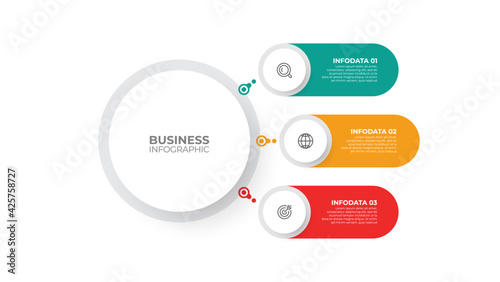 Business infographic template. Presentation circles label design with icon and 3 options or steps. Vector illustration. 