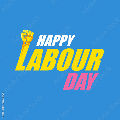 1 may Happy labour day vector label with strong protest fist in the air on blue background. vector happy labor day background or banner with man hand. workers may day poster