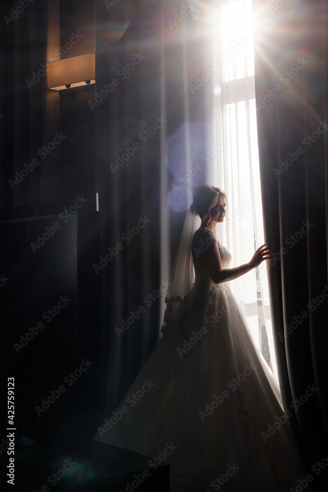Side view of beautiful bride in a wedding dress stands by the window in a dark hotel room. Concept of bride morning Side view of beautiful bride in a wedding dress stands by the window in a dark hotel room. Concept of bride morning