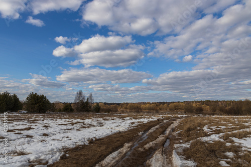 Dirt road in early spring through the field. Spring landscape with thawed patches. Spring thaw. Clouds and field