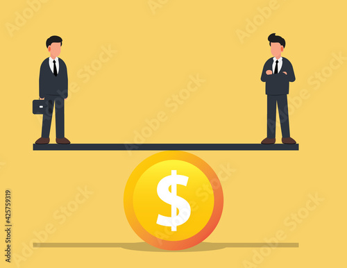 Business man balanced on seesaw coin. Business balance concept