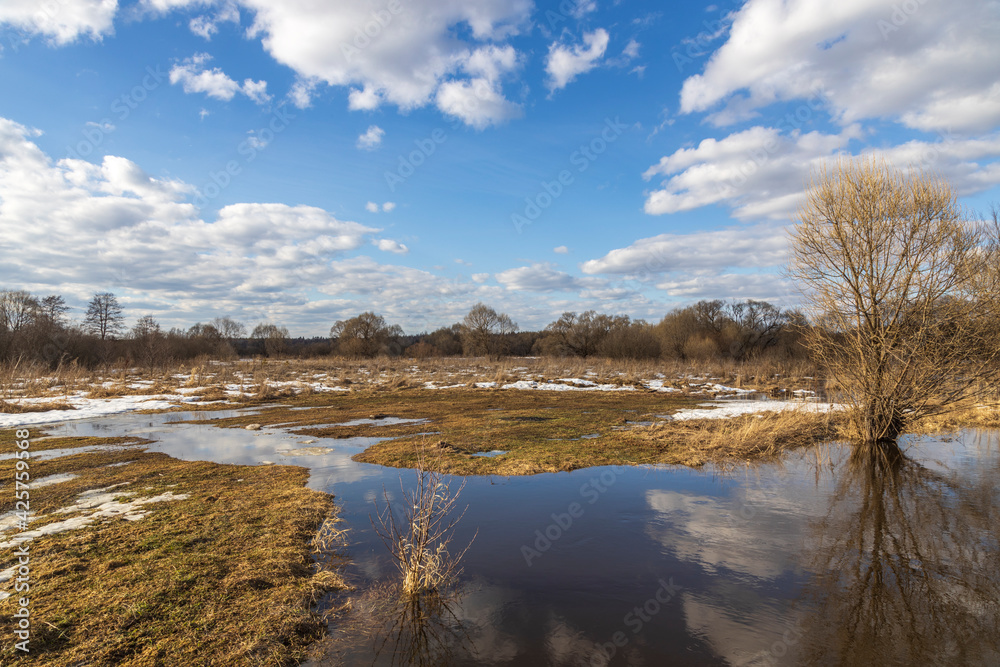 Spring flood, the river overflowed its banks. Sunny spring day. High water level in the river. Rural landscape in early spring. Clouds and trees are reflected in the water.