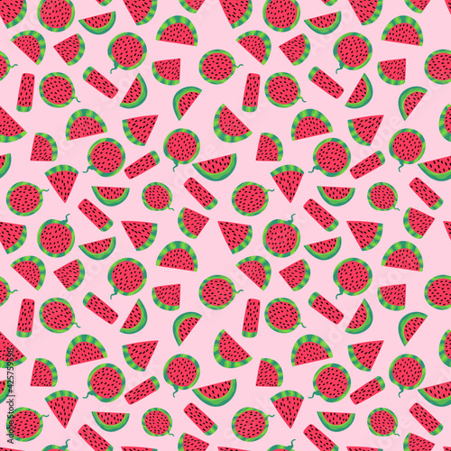 Watermelon slices juicy summer mood seamless pattern vector. Cartoon funny hand drawn fruit slices on pink. Simple bold colors berries texture. Hand drawn watermelon geometric slices. One of a series