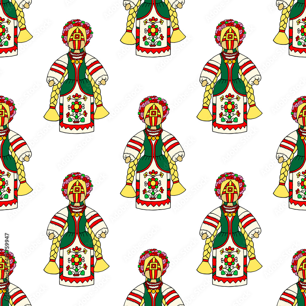 Bright seamless pattern with traditional rag dolls on a white background. Ukrainian national amulet. Vector drawing.