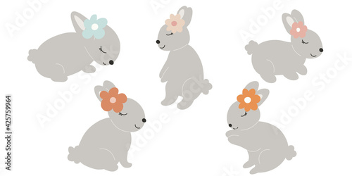 Set with Grey Baby Bunnys with a flower on head. Little Sleep Rabbit. Cute Easter Animal. Hares Vector Spring illustration isolated on background. Design for card  print  book  kids story.