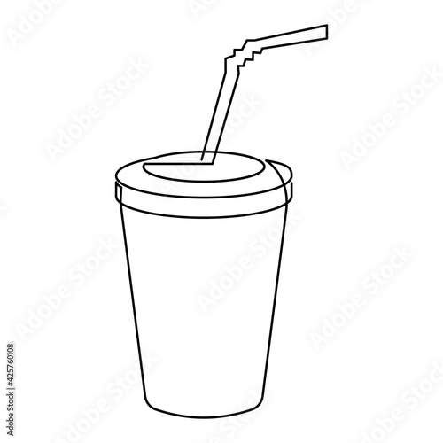 Fast food, drink. Continuous single drawn one line glass with straw drawn by hand picture silhouette. Line art
