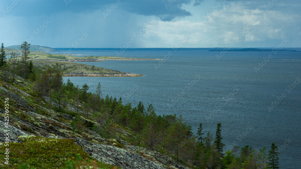 View of the sea and sky from a high point. Harsh northern nature. Rocky island overgrown with forest, dramatic sky with rain clouds. Beautiful view of the White Sea, Russia.