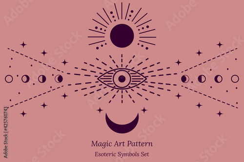 Esoteric symbol of opening of third eye of soul, Sun, stars, phases of Moon. Illustration of magic session, look into future, connection with  universe. Vector drawing for tarot cards, groups, webpage