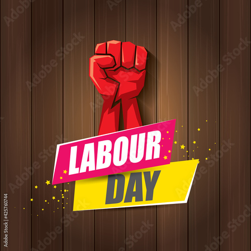 1 may Happy labour day vector label with strong protest fist in the air on wood background. vector happy labor day background or banner with man hand. workers may day poster