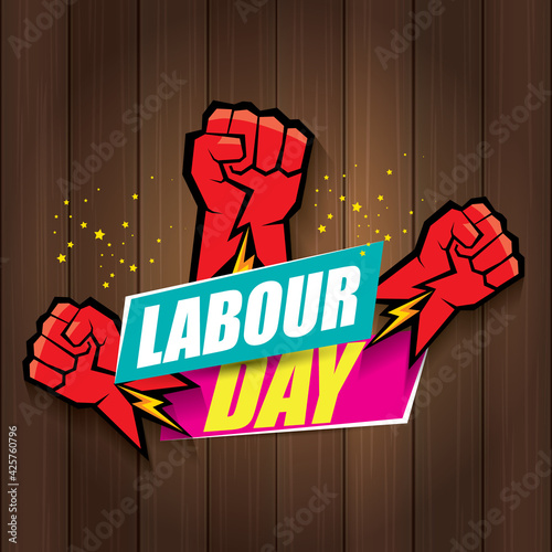 1 may Happy labour day vector label with strong protest fist in the air on wood background. vector happy labor day background or banner with man hand. workers may day poster