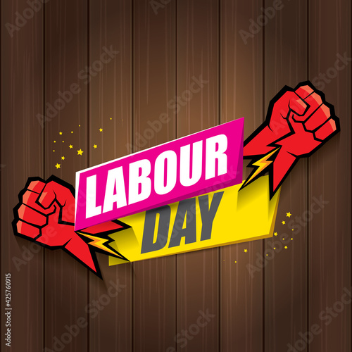 1 may Happy labour day vector label with strong protest fist in the air on wood background. vector happy labor day background or banner with man hand. workers may day poster