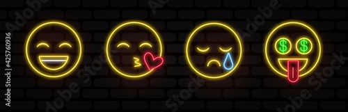 Vector Emoji neon icon set with Different Reactions Isolated on black Background. Modern Emoticons Collection in Flat Style. thin line, outline vector of web, minimalistic icons for UI and UX